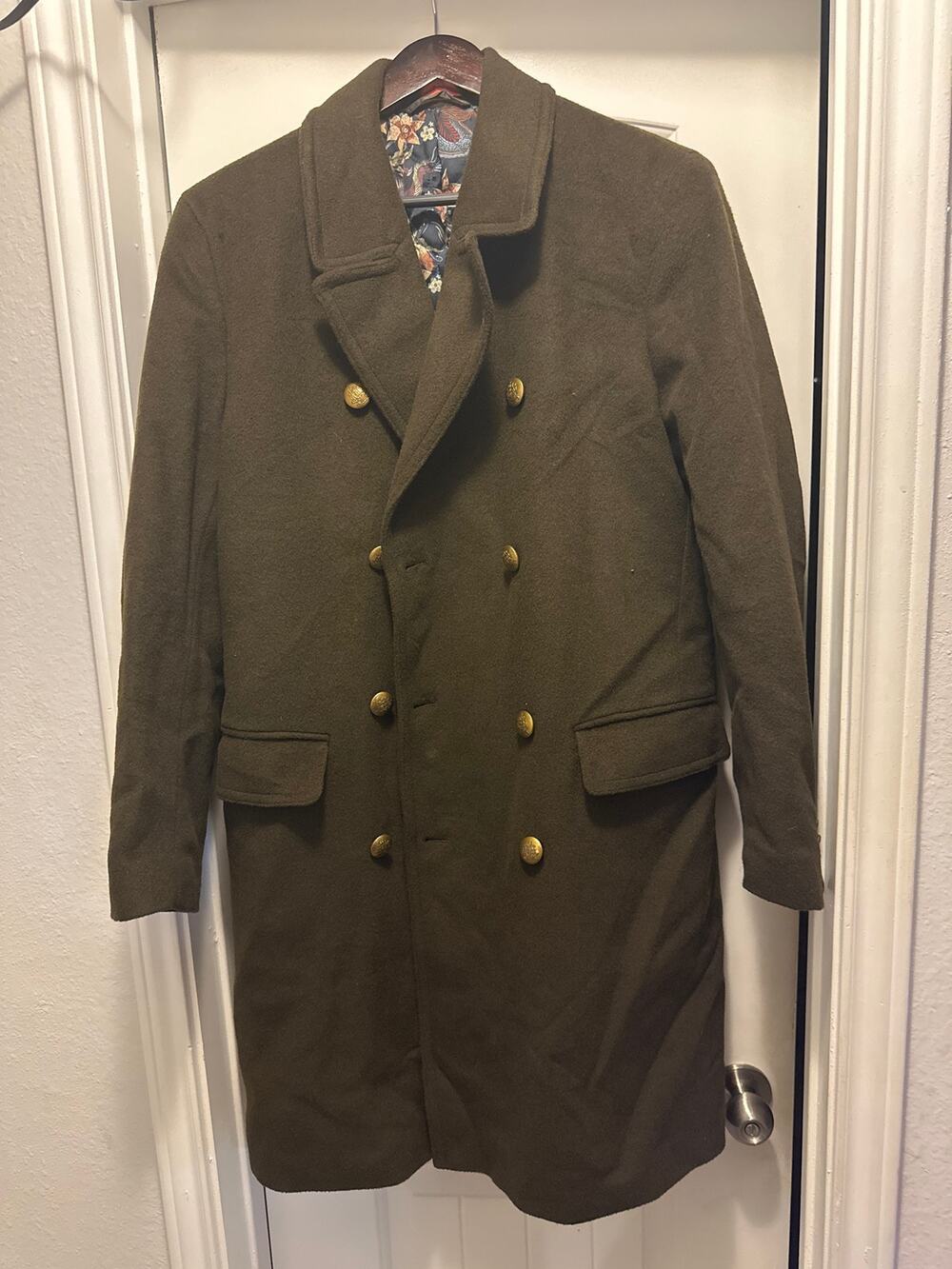 Tallia Men’s Double-Breasted Wool Coat Olive Green Floral Lining Sz M